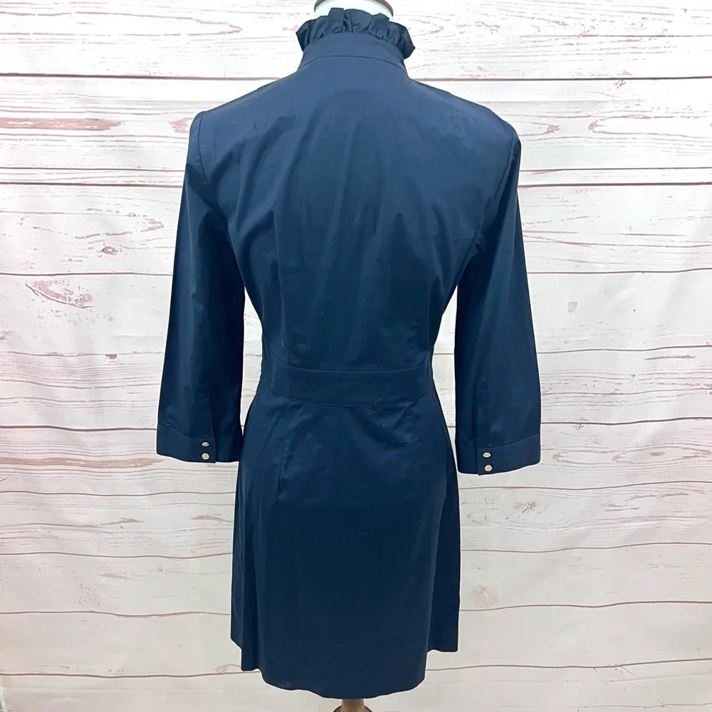NWOT Tory Burch Navy Cotton Ruffle Mandarin Collar Button Front Shirt Dress